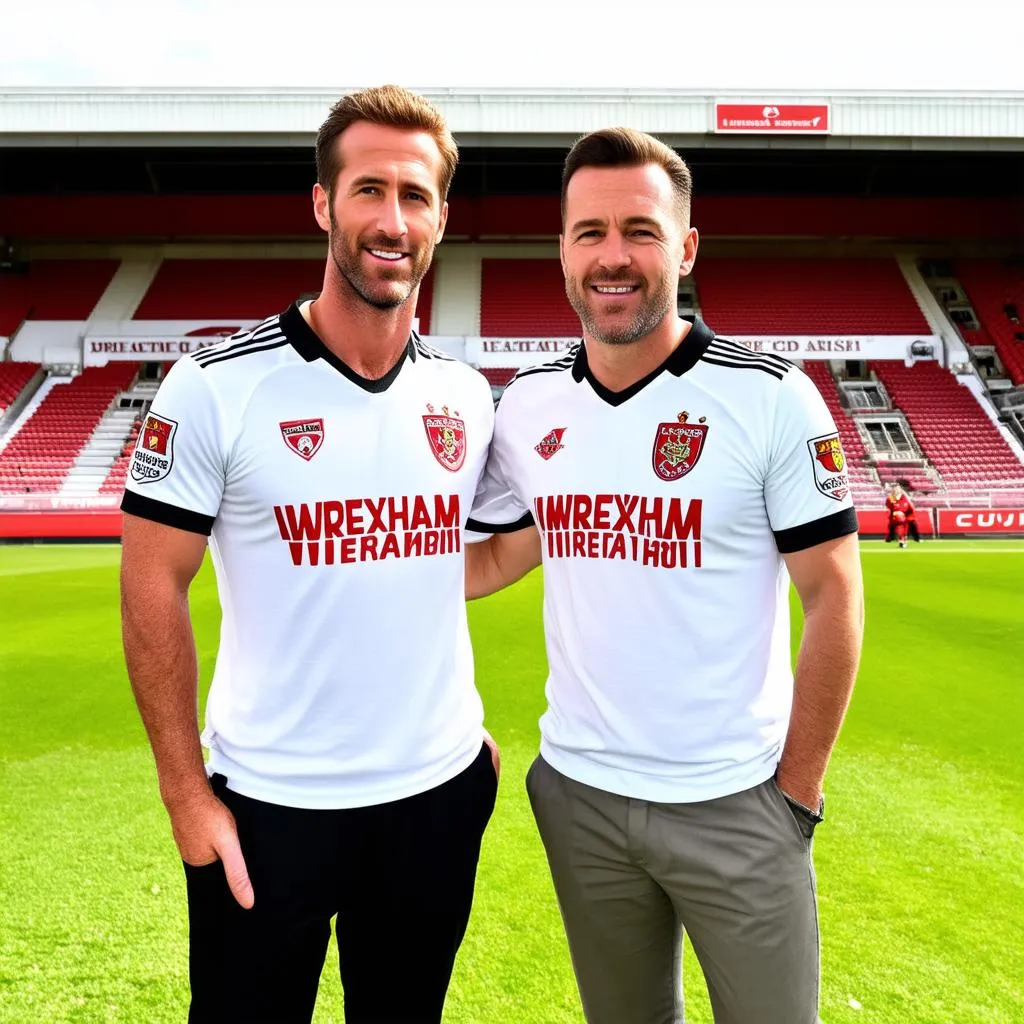 Ryan Reynolds và Rob McElhenney tại sân vận động Racecourse Ground