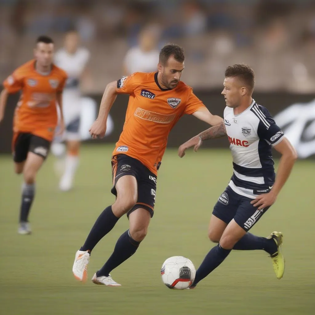 Cầu thủ Brisbane Roar FC và Melbourne Victory đang tranh chấp bóng