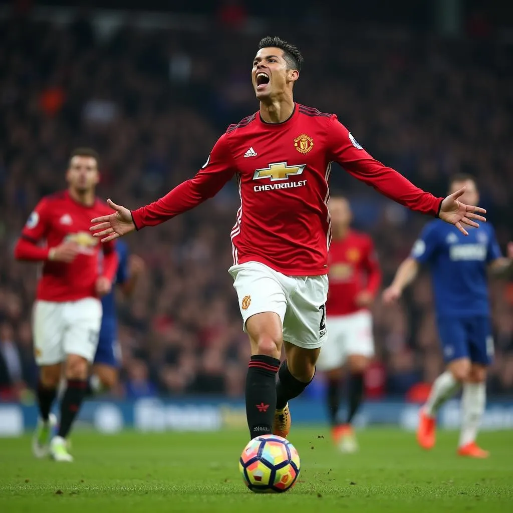 Cristiano Ronaldo ăn mừng bàn thắng trong trận Manchester United vs Everton