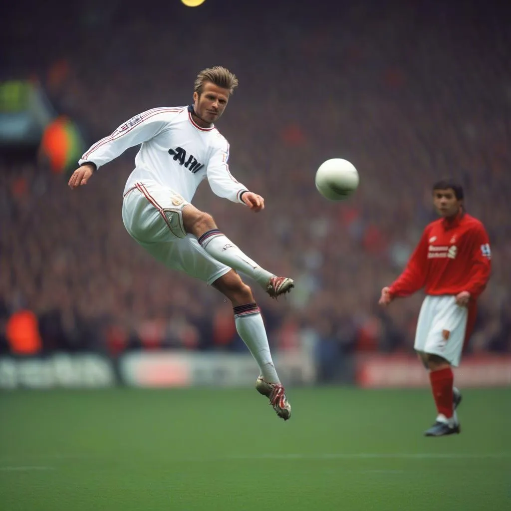 David Beckham thực hiện cú sút phạt thần sầu vào lưới Liverpool