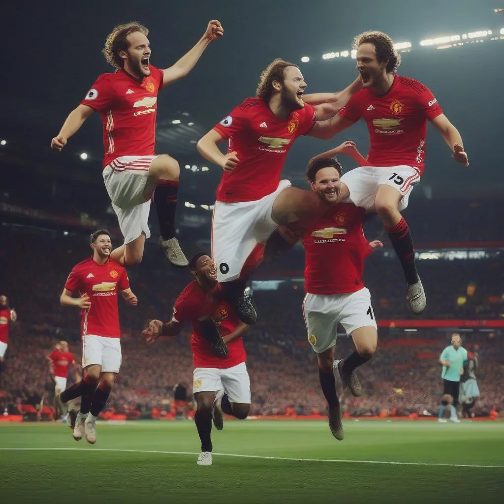 Daley Blind celebrating a goal with his teammates at Manchester United