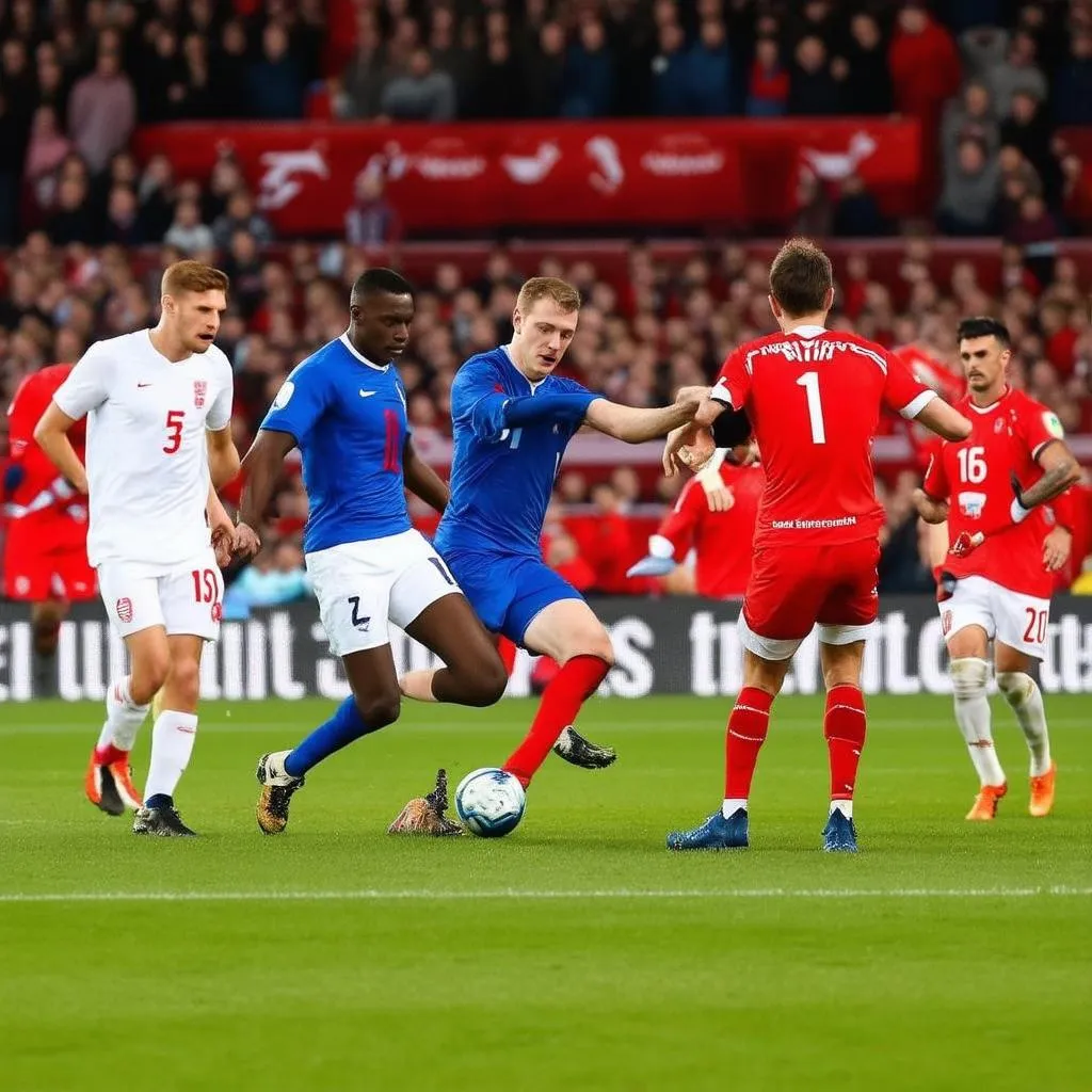 Two teams competing in a soccer match