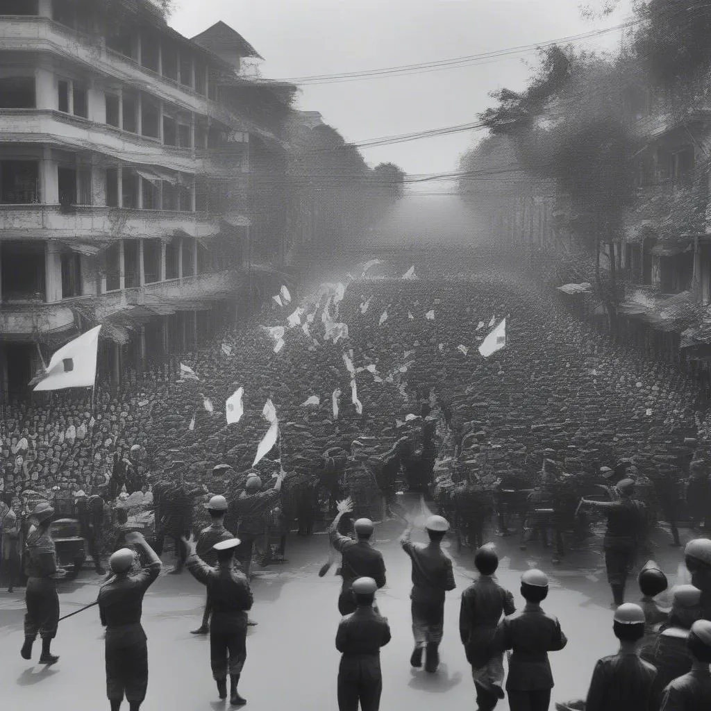 Cảnh người dân vui mừng chào đón quân đội Việt Minh giải phóng Hà Nội năm 1945 