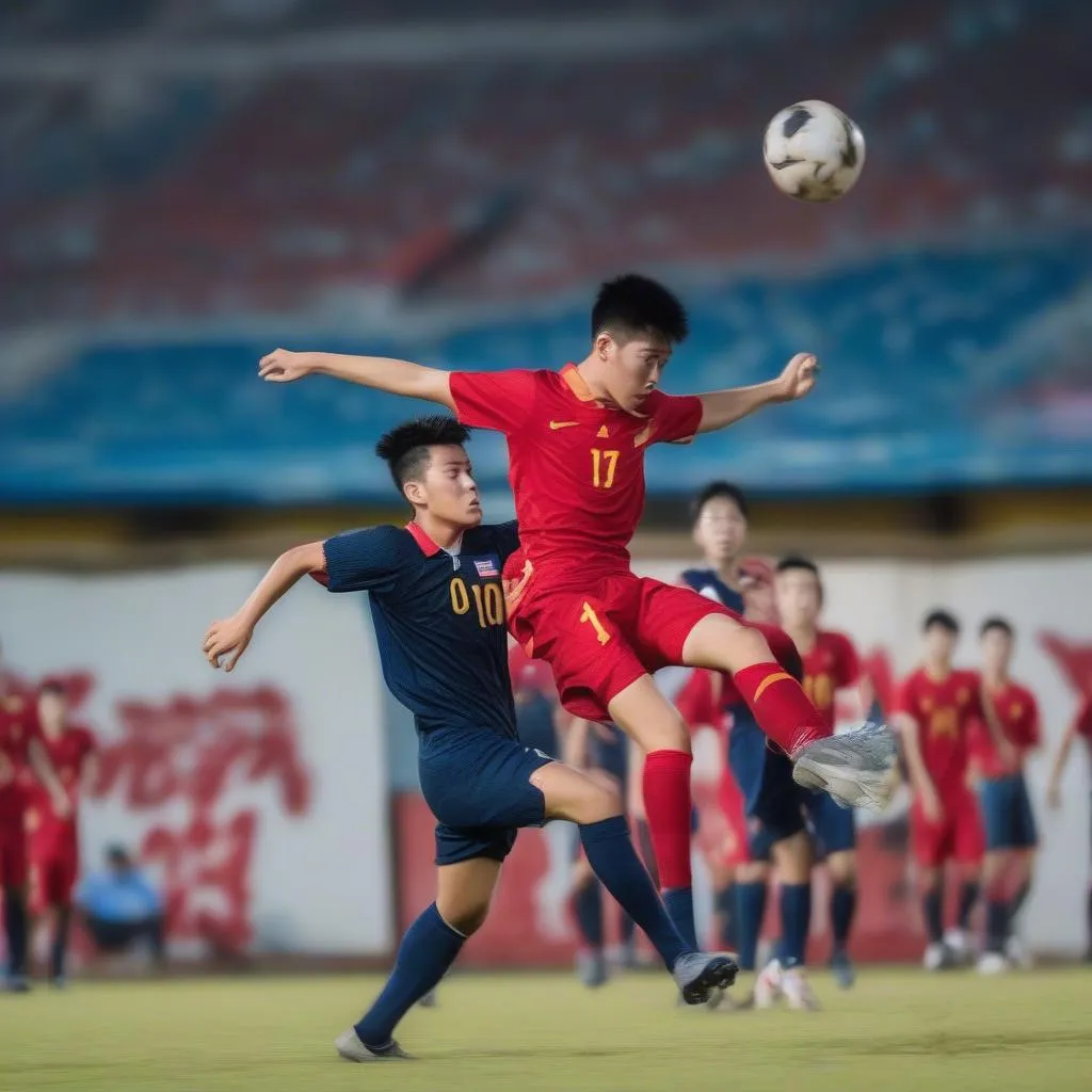 Hình ảnh trận đấu U19 Việt Nam và U19 Thái Lan đầy kịch tính, thể hiện sự quyết tâm của các cầu thủ