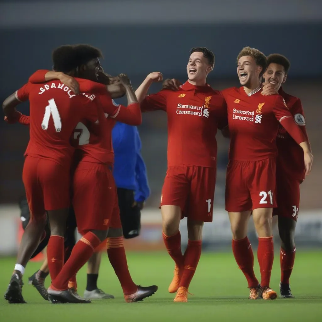 Liverpool U21 players celebrating a victory