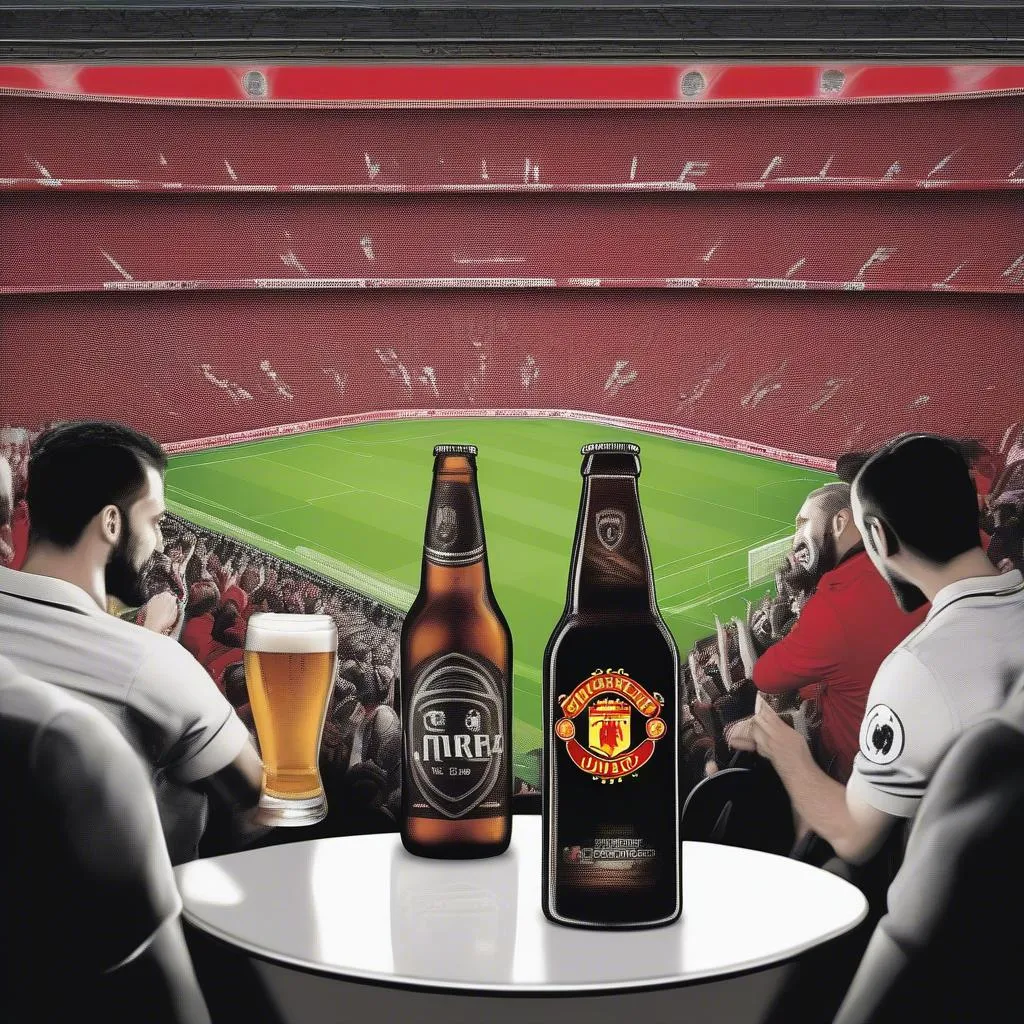 Hình ảnh quảng cáo thương hiệu bia tài trợ cho Manchester United, với hình ảnh các fan bóng đá cuồng nhiệt.