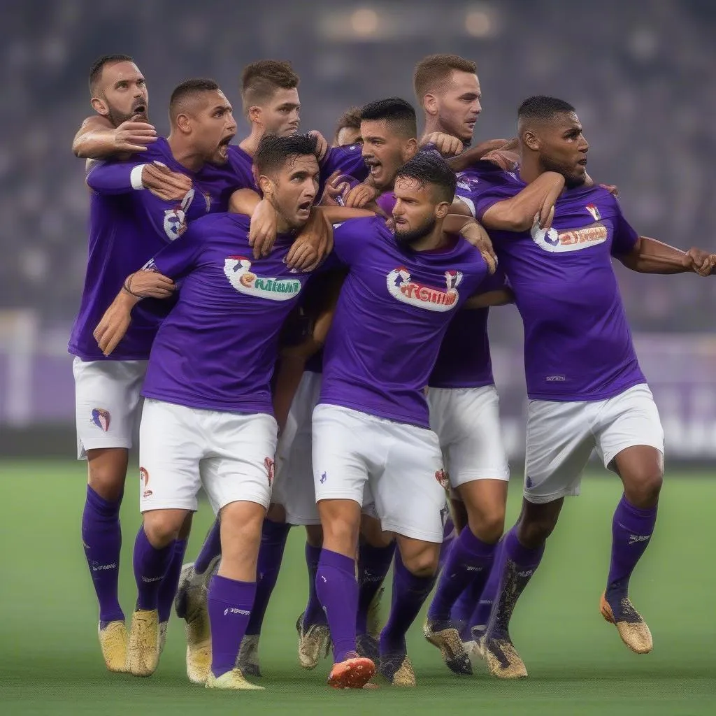 Hình ảnh đội bóng Fiorentina với logo và các cầu thủ chính, thể hiện sự quyết tâm và sức mạnh