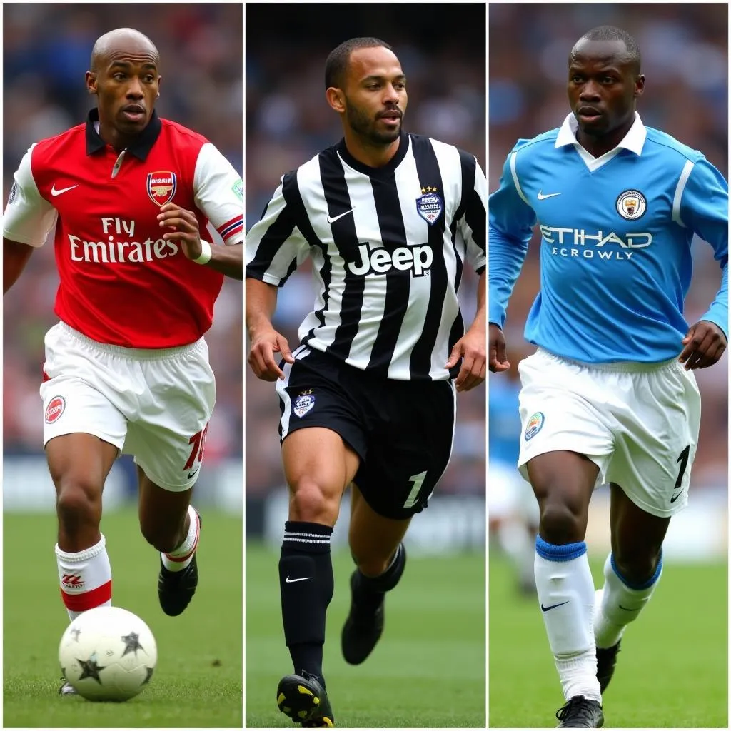 Patrick Vieira in his Arsenal, Juventus, and Manchester City jerseys