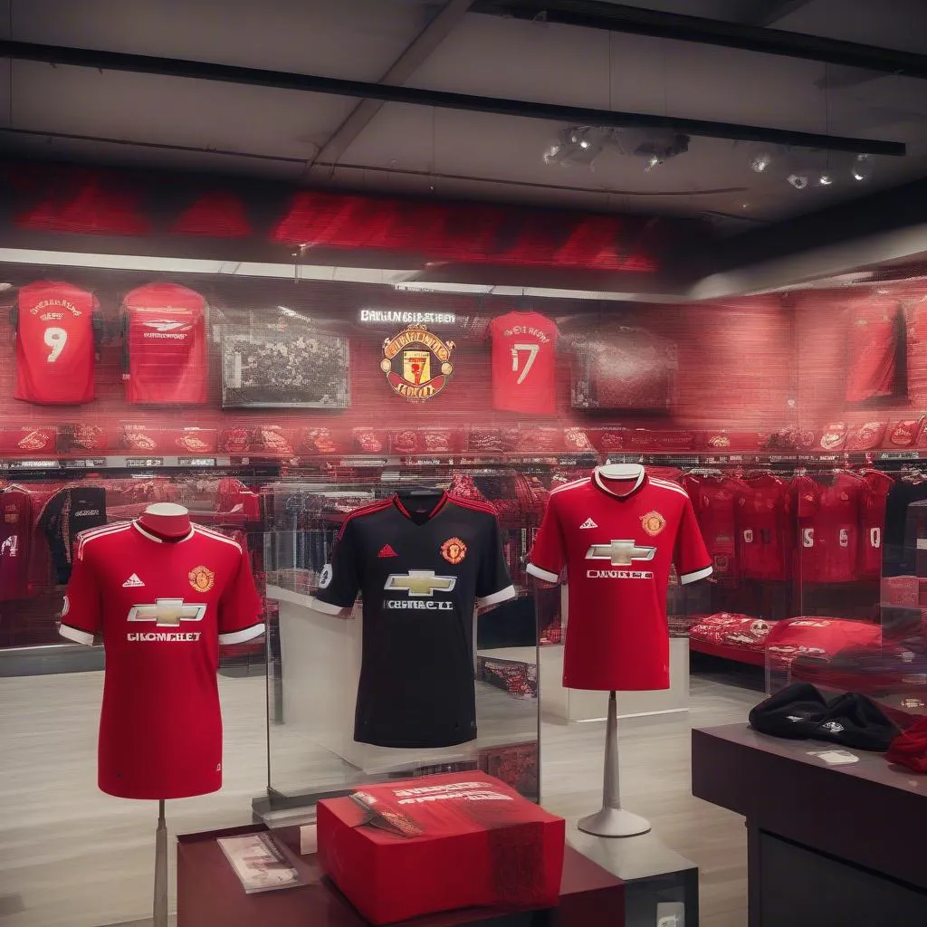 Ran Shop Manchester trưng bày áo đấu chính hãng của Manchester United, với đầy đủ mẫu mã, size, màu sắc.