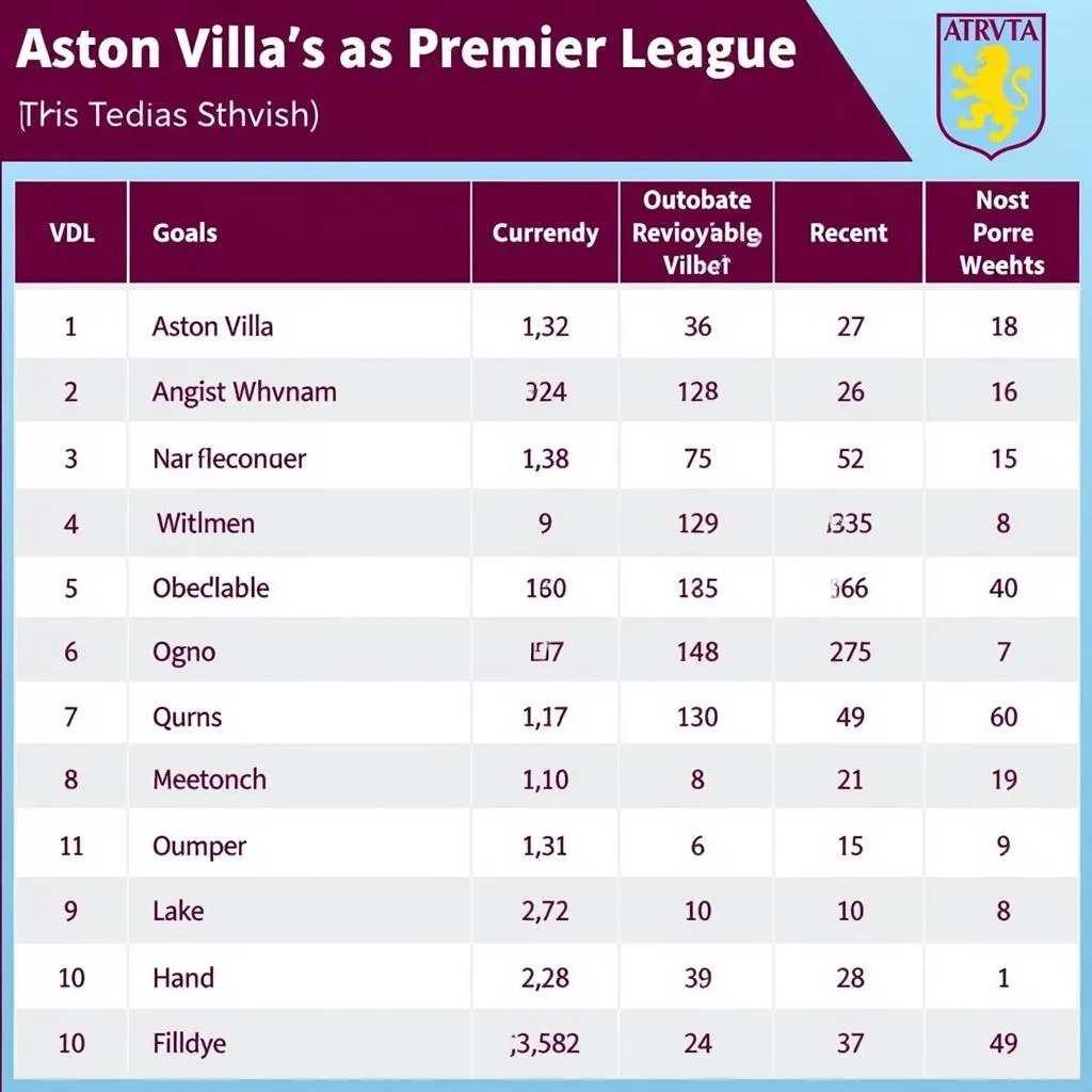 Bảng Xếp Hạng Aston Villa