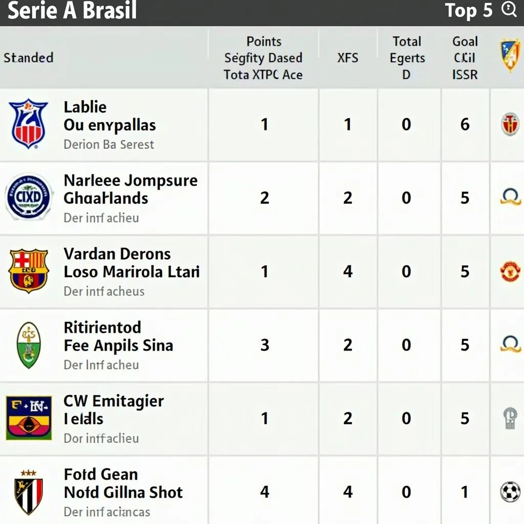 Bảng xếp hạng Serie A Brazil - Top 5 đội bóng