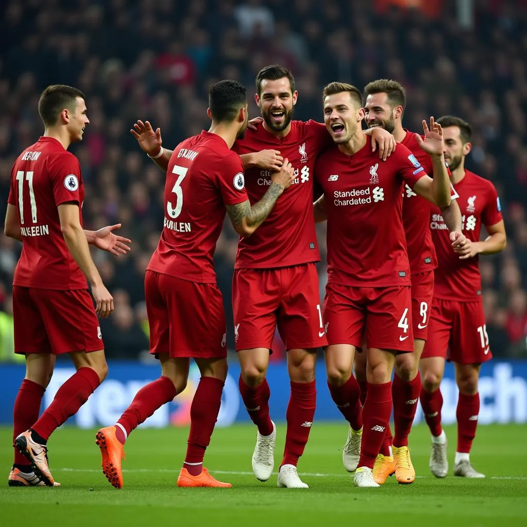 Các cầu thủ Liverpool ăn mừng bàn thắng trước Bayern