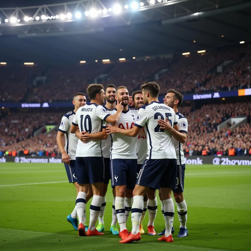 Các cầu thủ Tottenham ăn mừng chiến thắng trước khán đài nhà