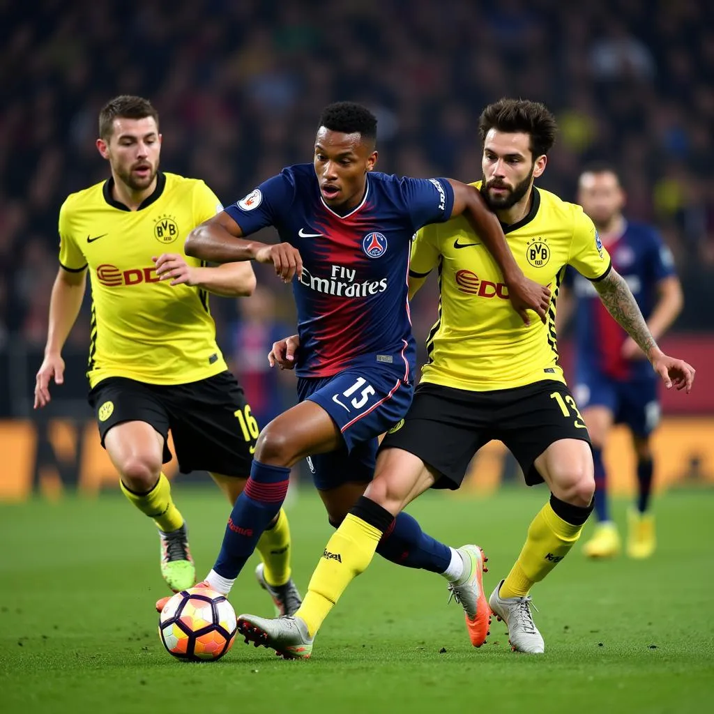 Cầu thủ PSG và Dortmund tranh chấp