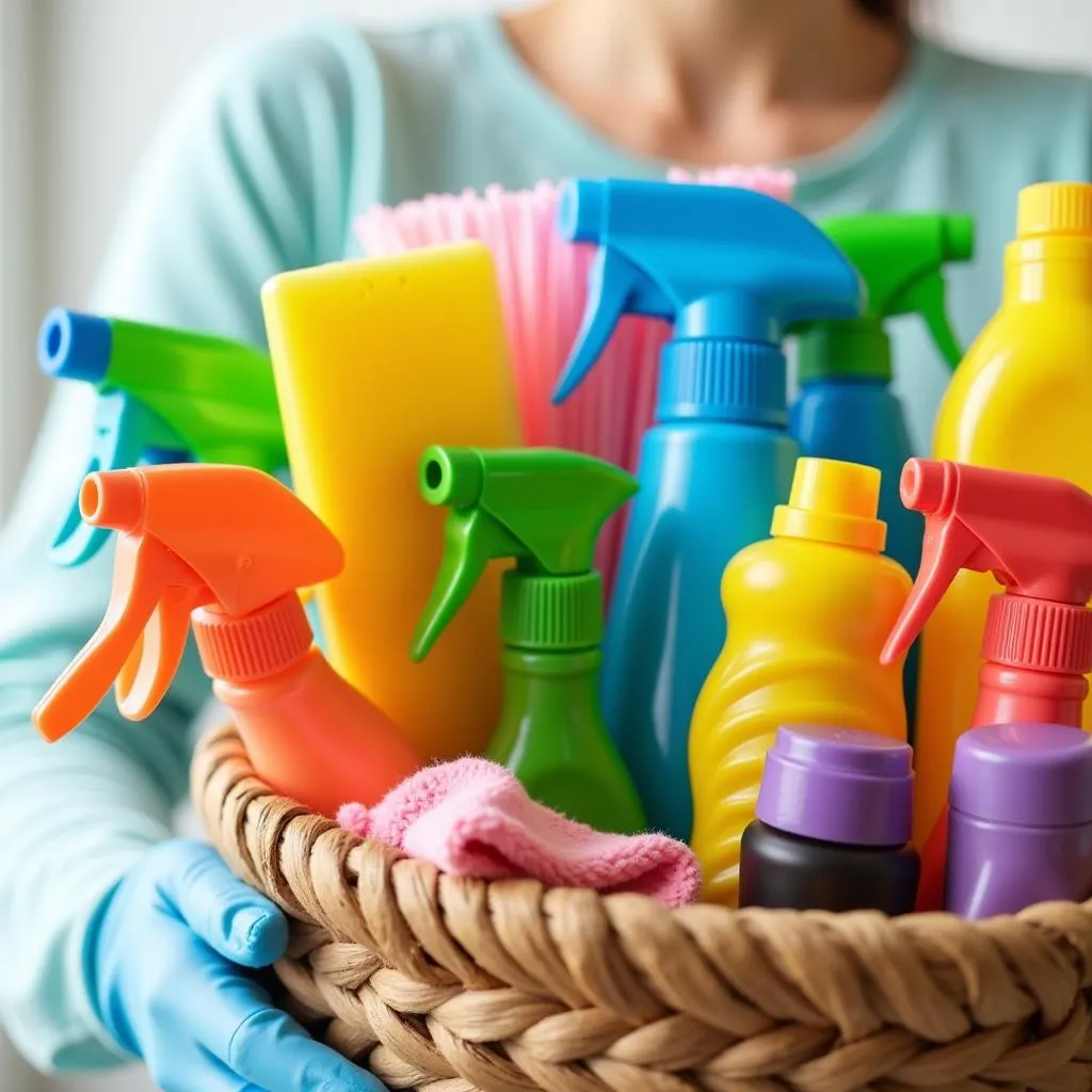 Cleaning supplies in a basket