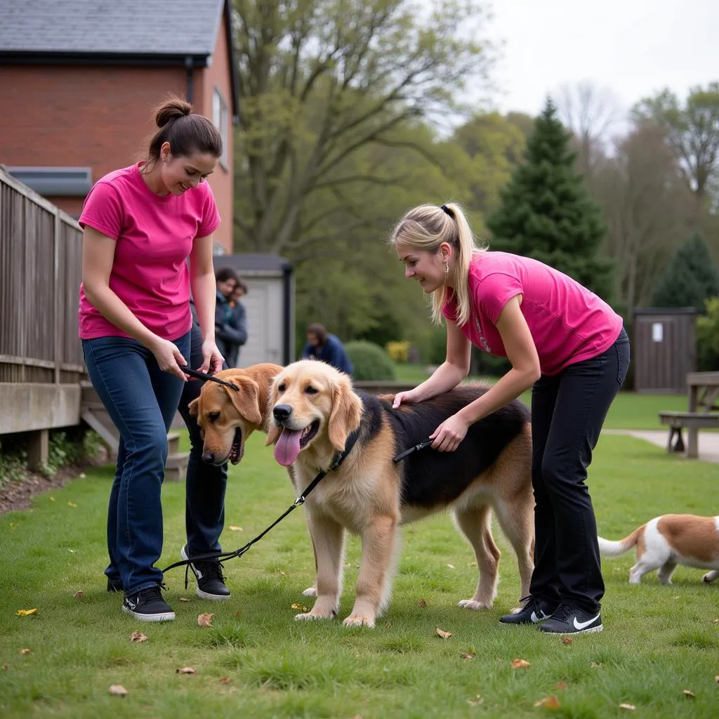 Volunteers working with dogs at a dog charity in Manchester