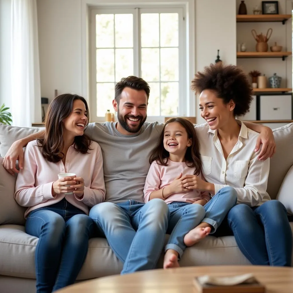 Happy family relaxing in a clean living room