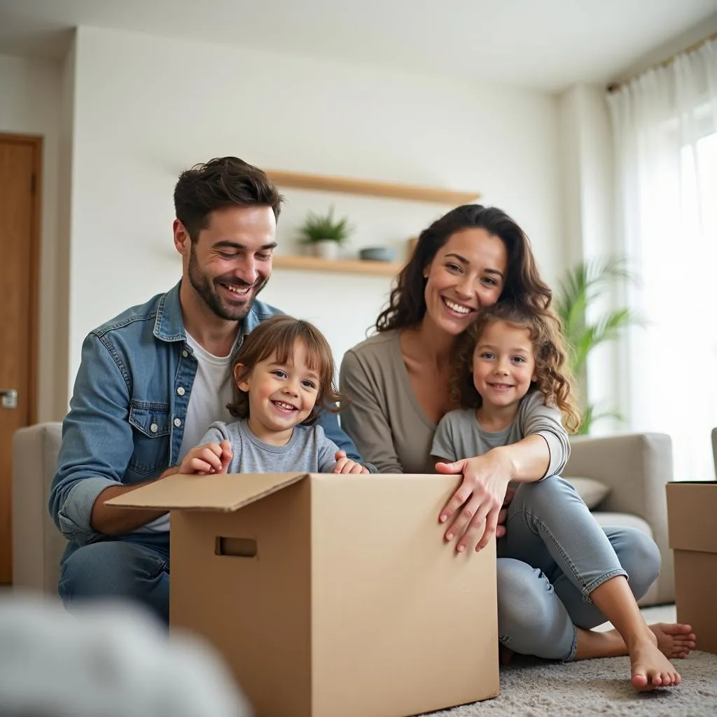 Happy Family Unpacking Boxes in Their New Home