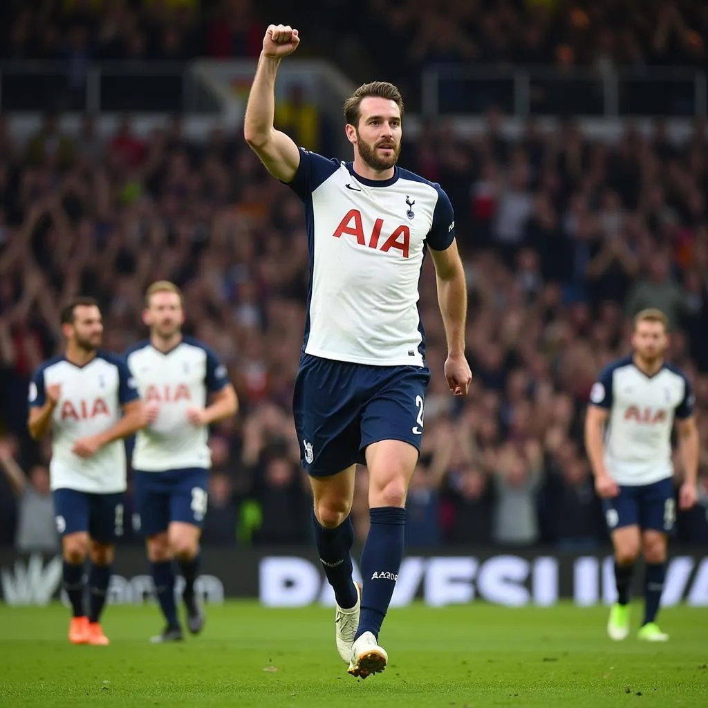 Harry Kane ăn mừng bàn thắng cùng đồng đội trong màu áo Tottenham