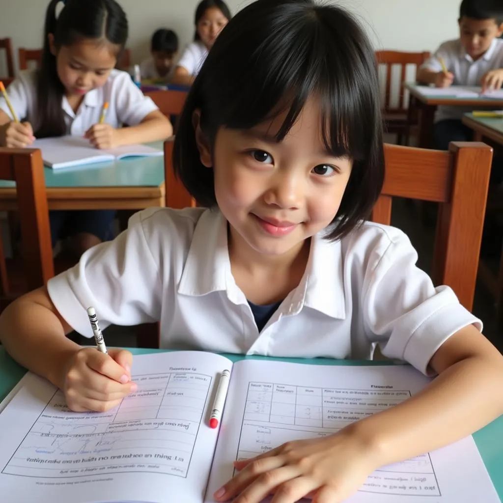 Học sinh làm bài tập trong sách Mai Lan Hương