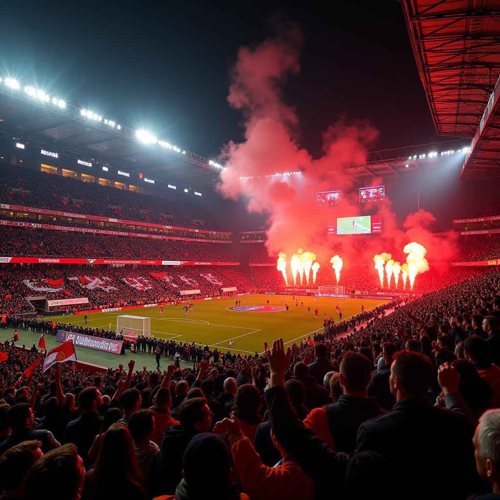 Cổ động viên hai đội Manchester United và Fulham tạo nên bầu không khí sôi động trên khán đài