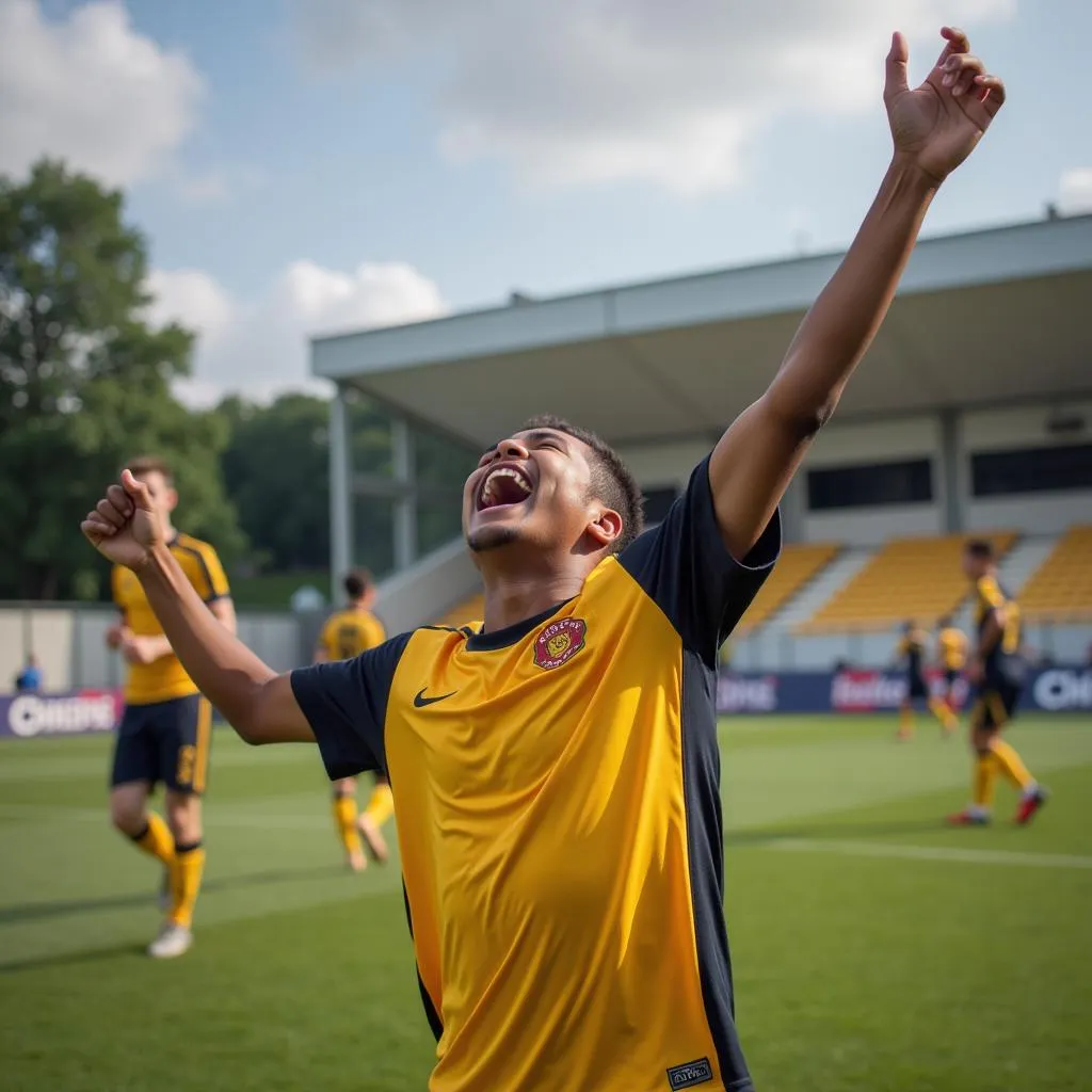 A young player celebrates a goal during a game, demonstrating his passion and excitement for the sport. 