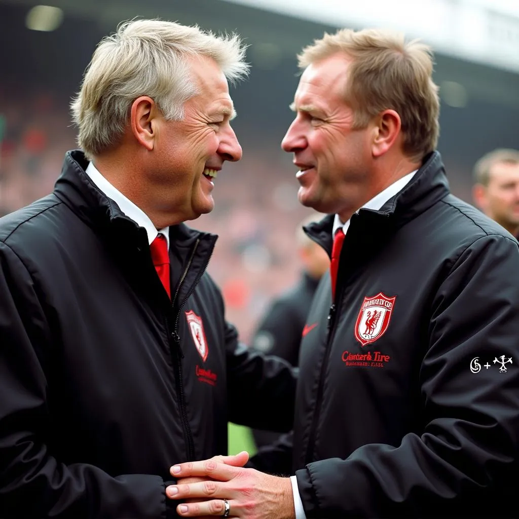 Sir Alex Ferguson and Paul Scholes embracing after a game