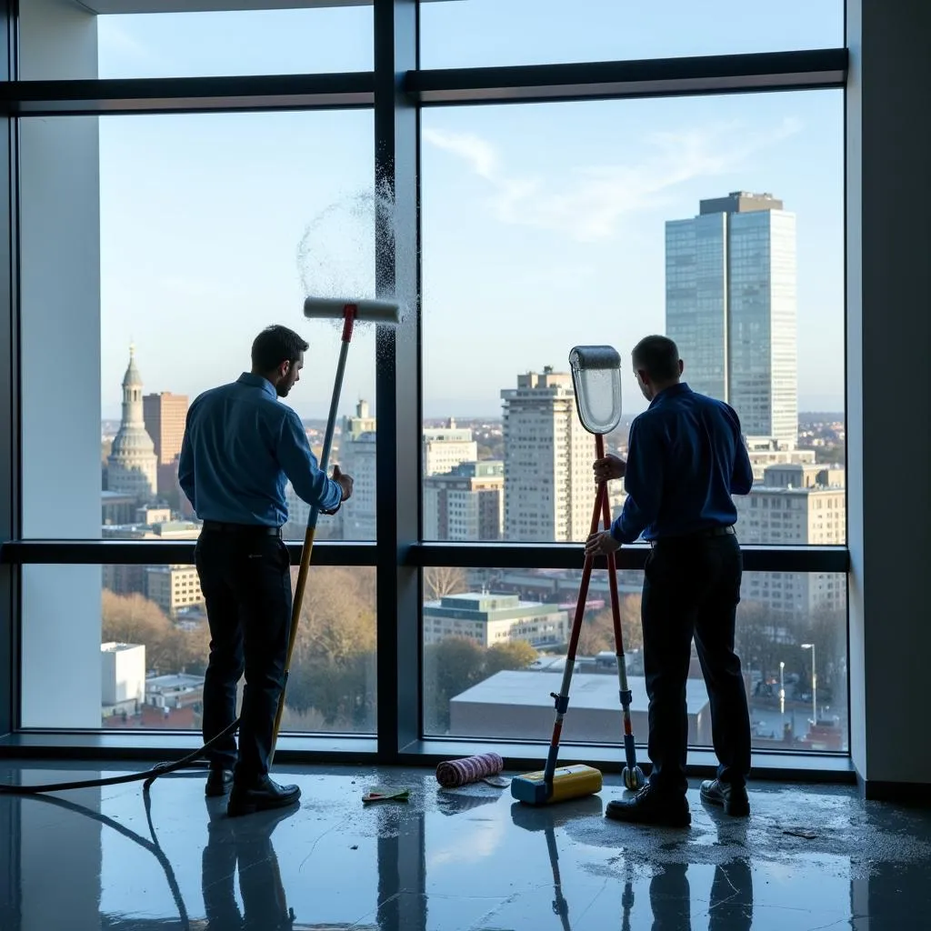 Cleaning staff cleaning office windows with a view of the Manchester city skyline