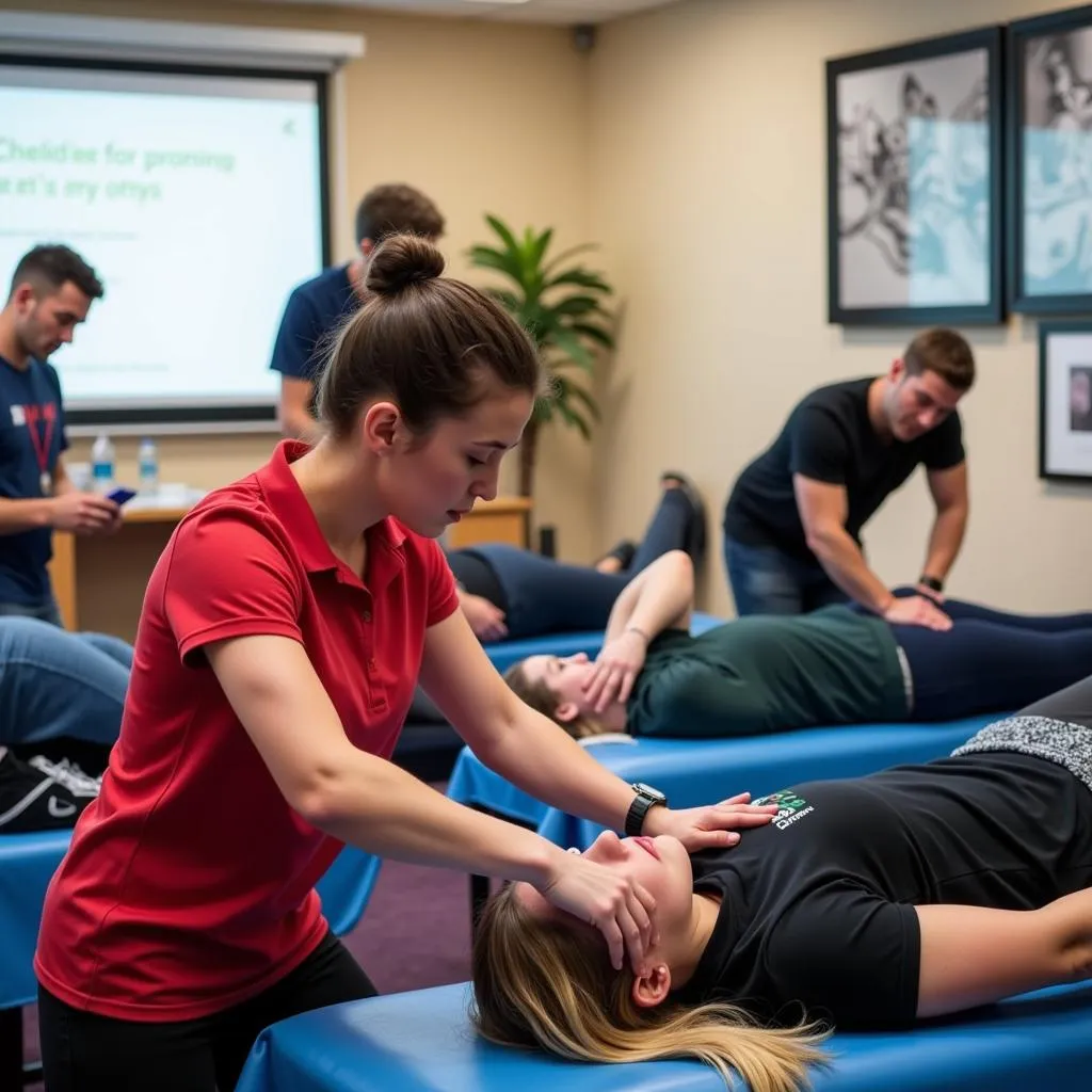 Students practicing sports massage techniques in a classroom setting