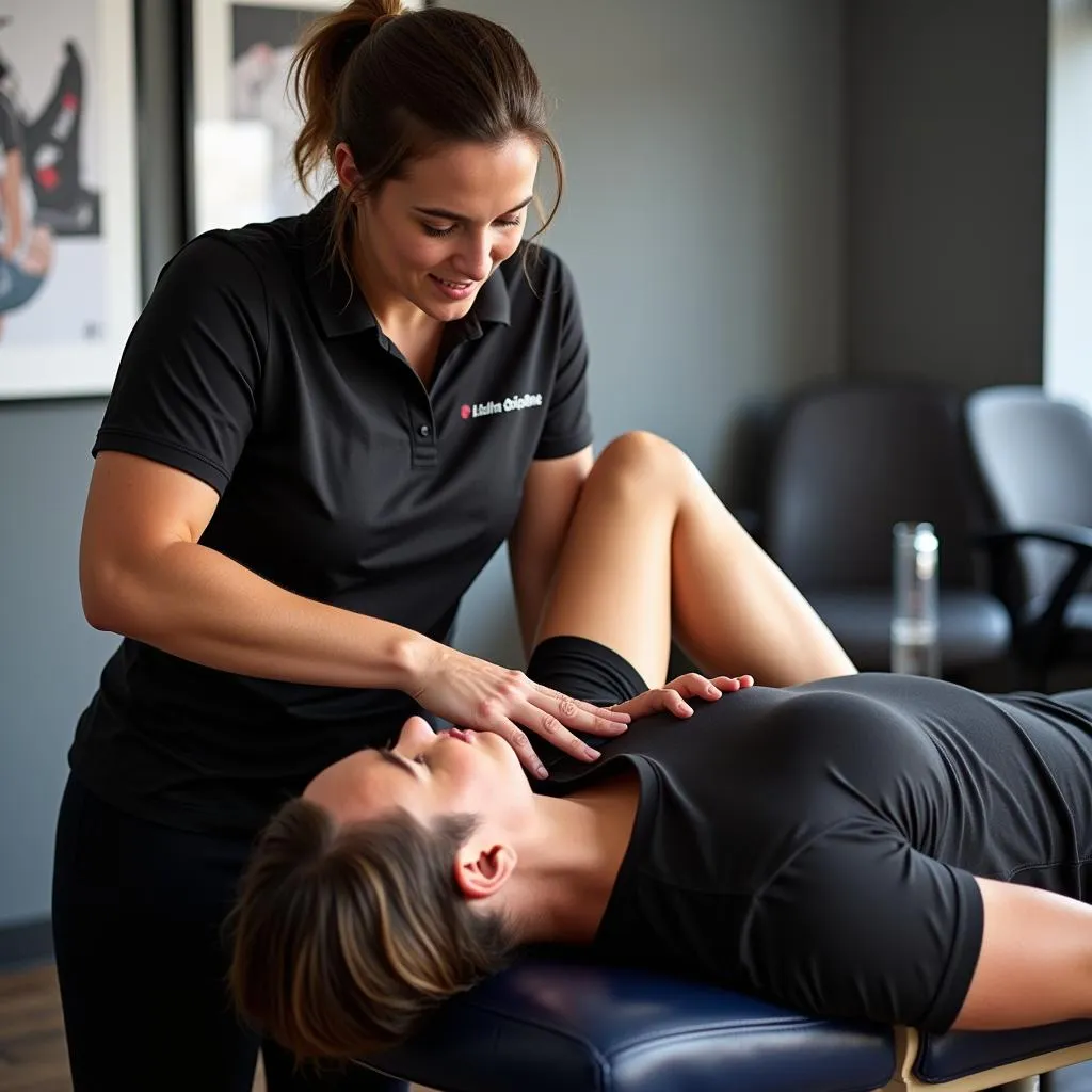 A sports massage therapist working on the leg of an athlete