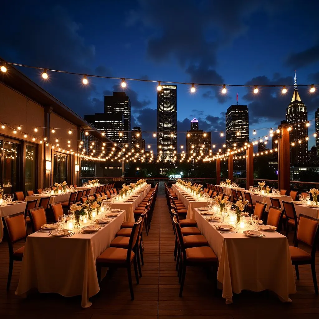 Rooftop wedding reception in Manchester with city skyline view