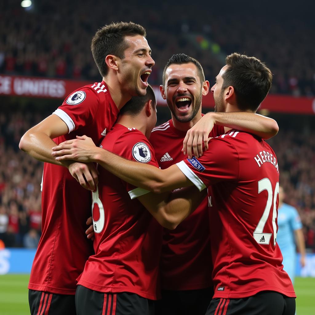 Ander Herrera celebrating a goal with Manchester United teammates