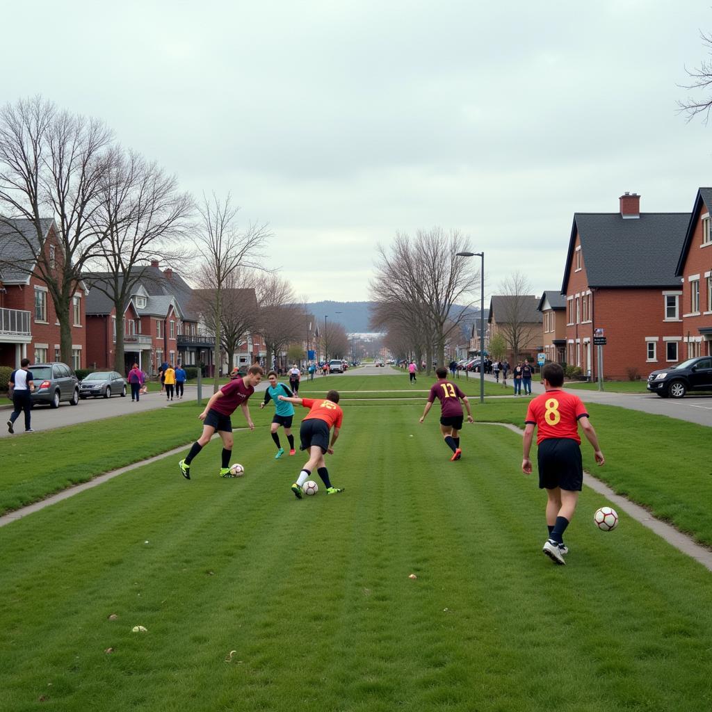 Hình ảnh người dân chơi bóng đá tại một thành phố Manchester của Mỹ