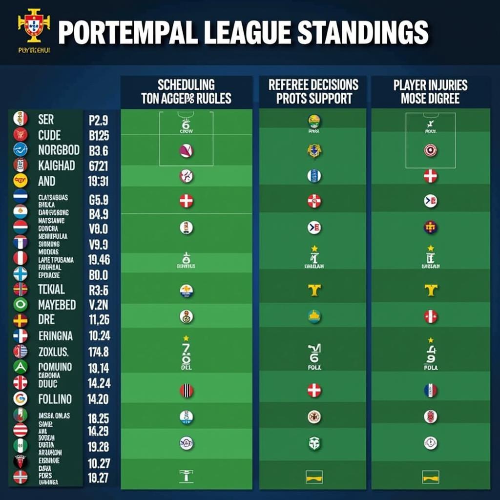 Bảng xếp hạng giải Bồ Đào Nha và các yếu tố ảnh hưởng như lịch thi đấu, trọng tài, khán giả, chấn thương cầu thủ. Hình ảnh mô tả các yếu tố bên ngoài có thể tác động đến vị trí trên bảng xếp hạng.