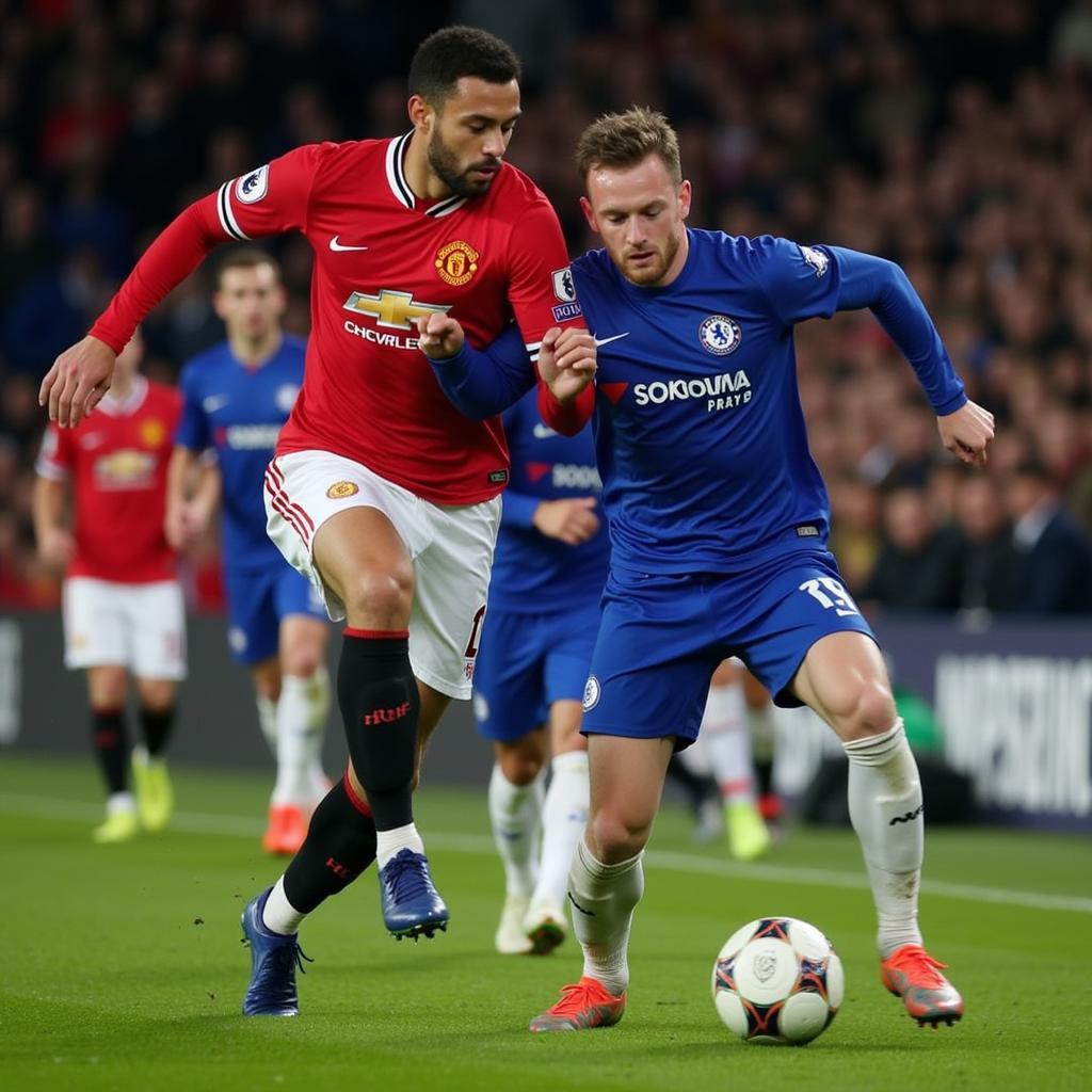 Manchester United players facing Chelsea players during a match.