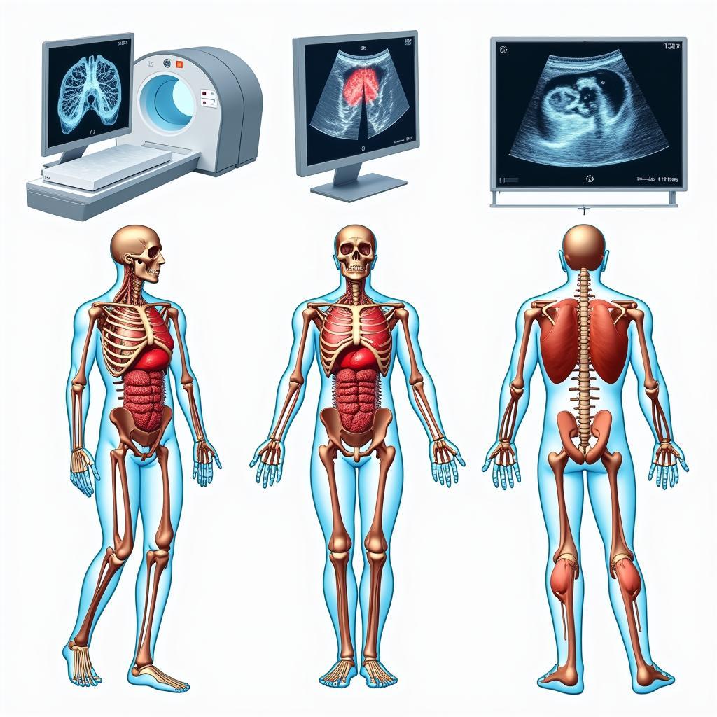 Hình ảnh minh họa công nghệ hình ảnh y tế được sử dụng trong giải phẫu, bao gồm MRI, CT scan và siêu âm