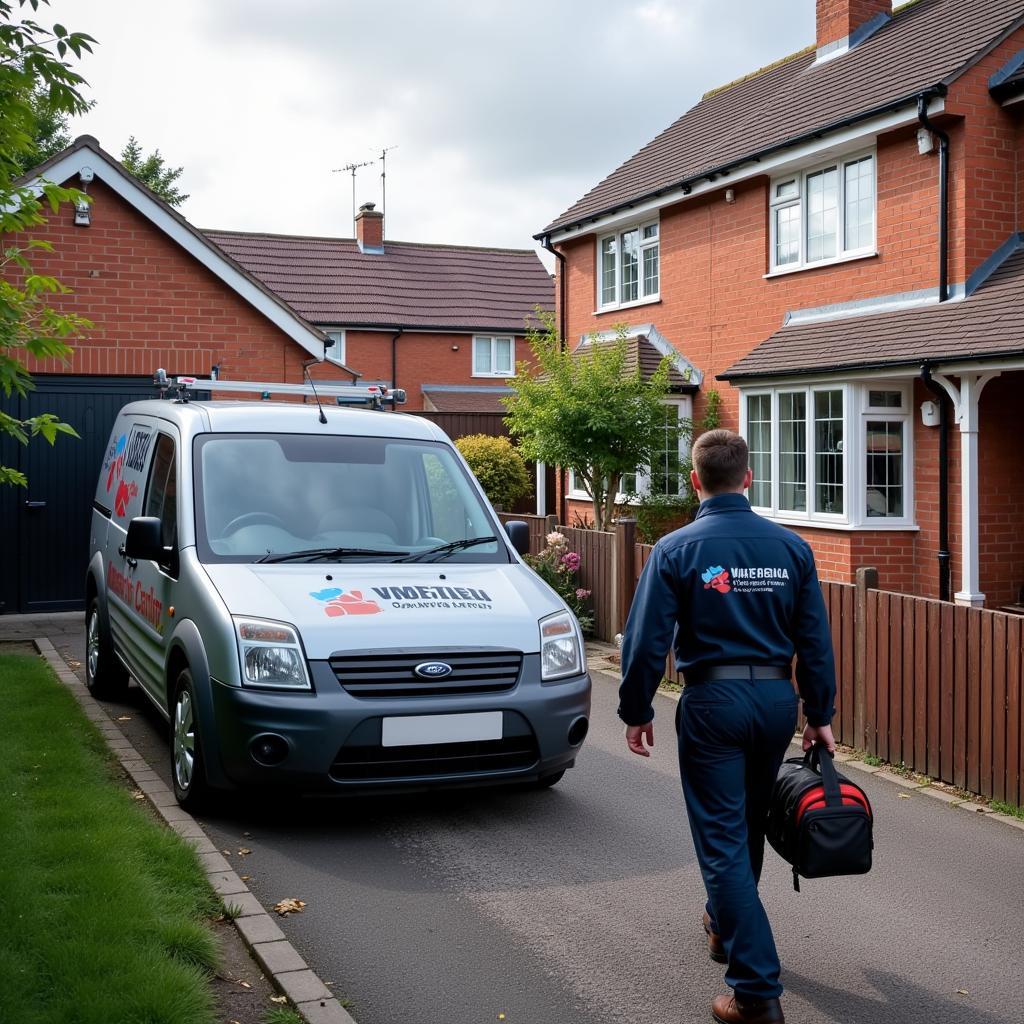 Local Electric Oven Repair Service in Manchester: A van parked outside a house with a technician approaching.