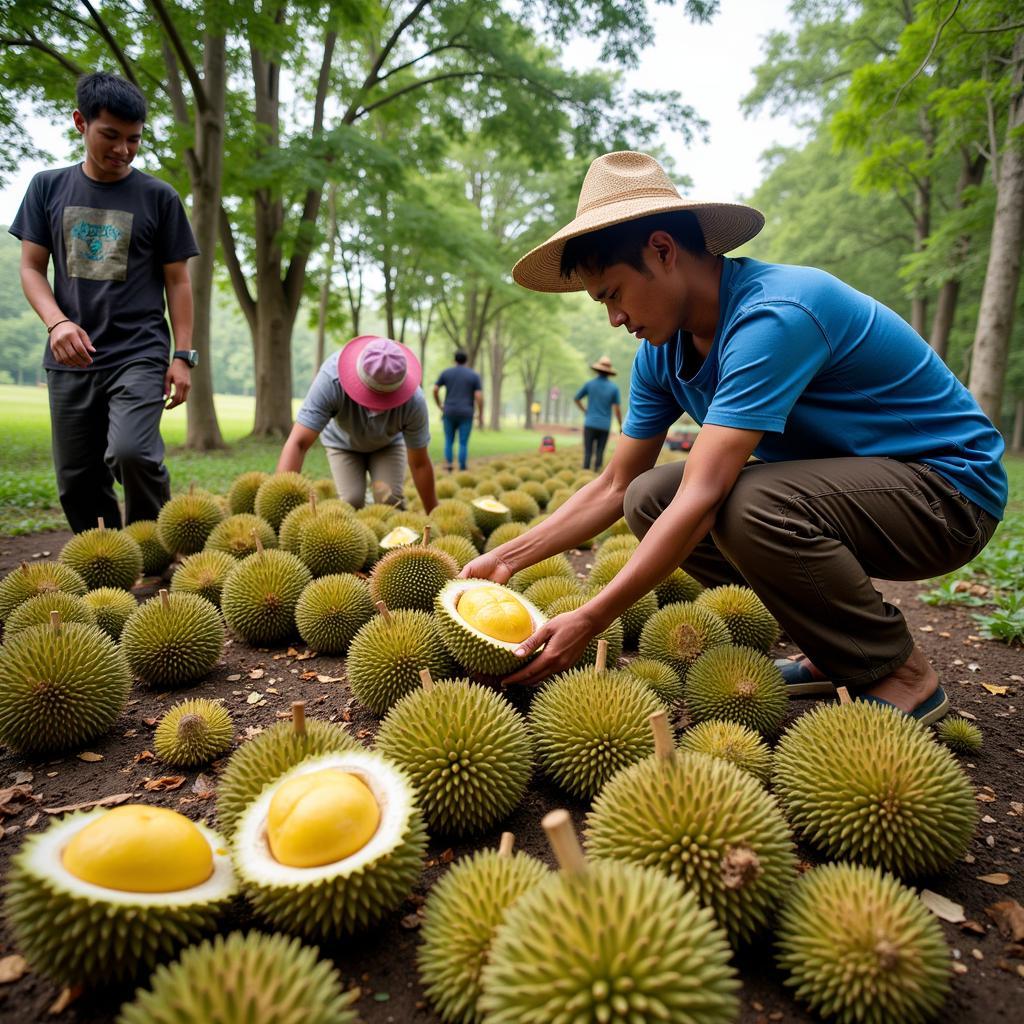 Nông dân thu hoạch sầu riêng