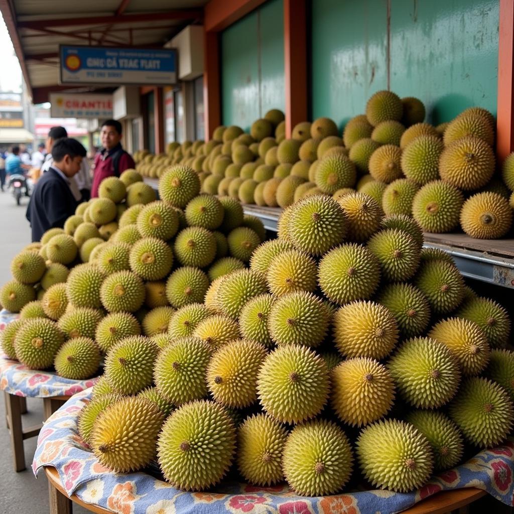 Sầu riêng chất đống tại chợ