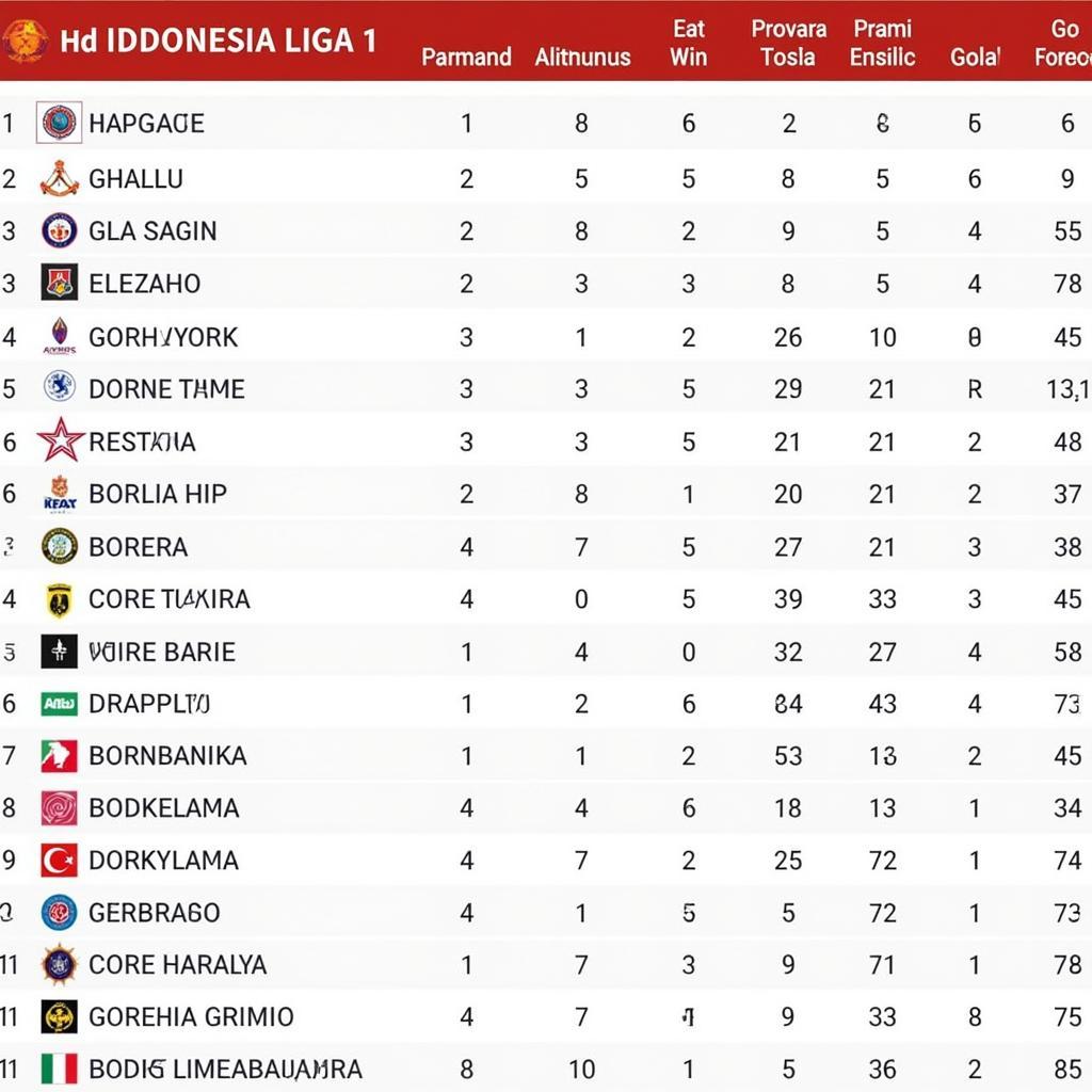 Bảng xếp hạng Indonesia Liga 1 mới nhất