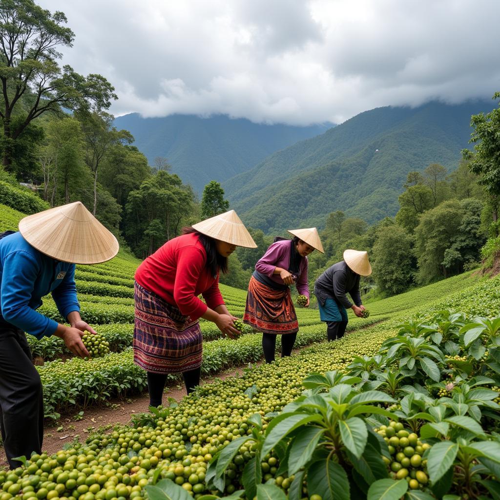 Hình ảnh người dân Tây Nguyên đang thu hoạch cà phê