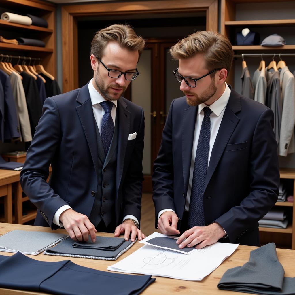 A client consults with a bespoke tailor in Manchester about fabric choices and suit styles.