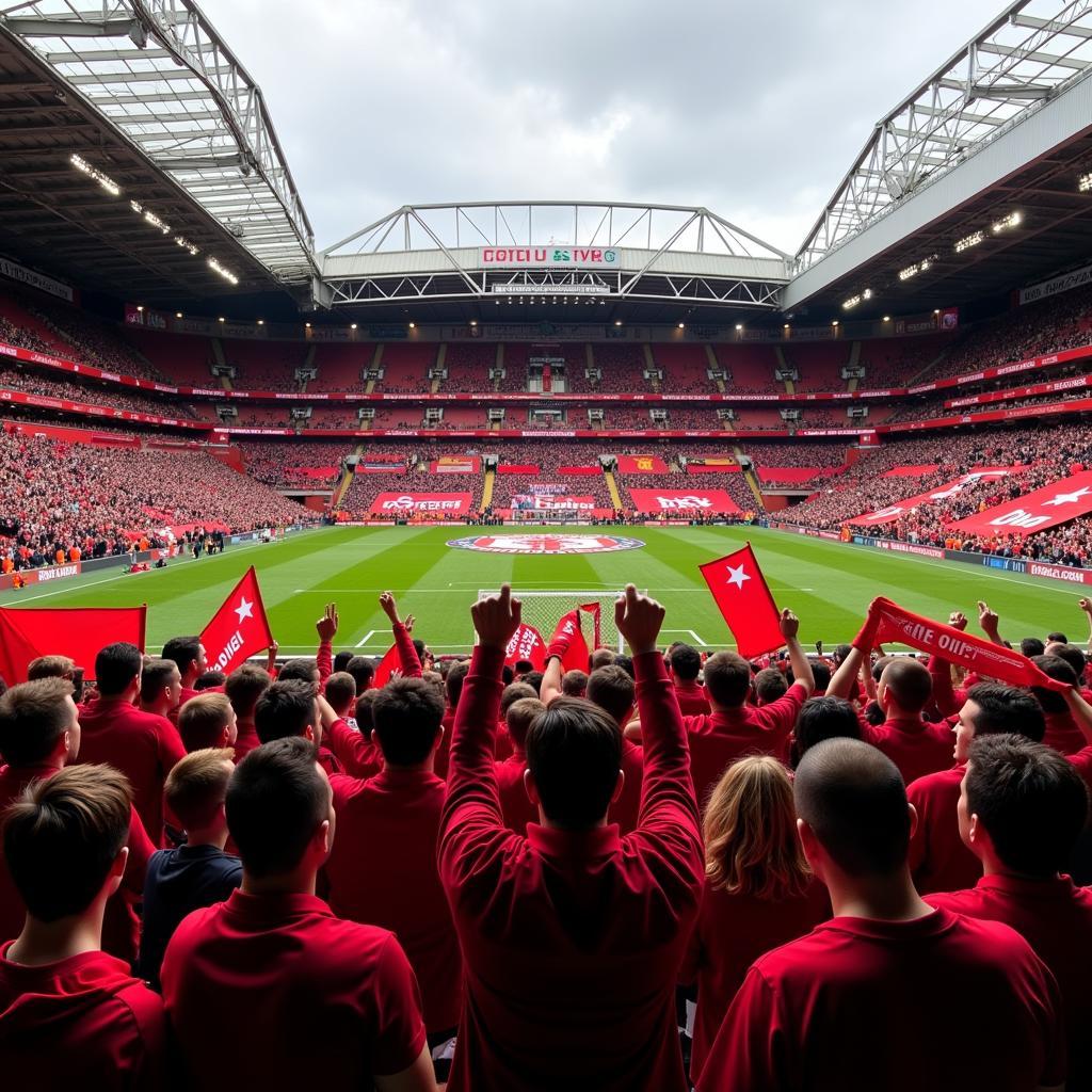 Cổ động viên Manchester United hát vang "Ole Ole Ole" trên khán đài Old Trafford