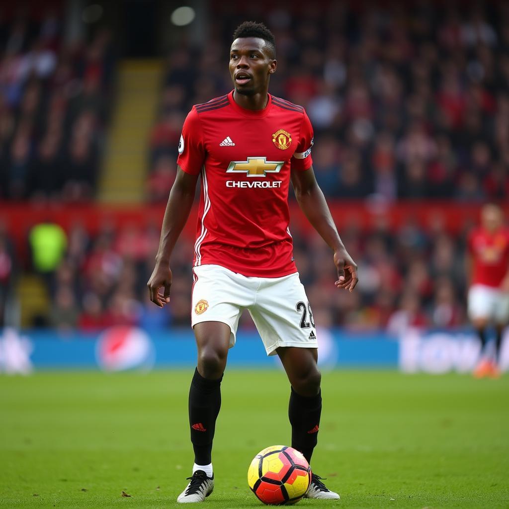 Paul Pogba in action during the 2016-17 season wearing the Manchester United kit.