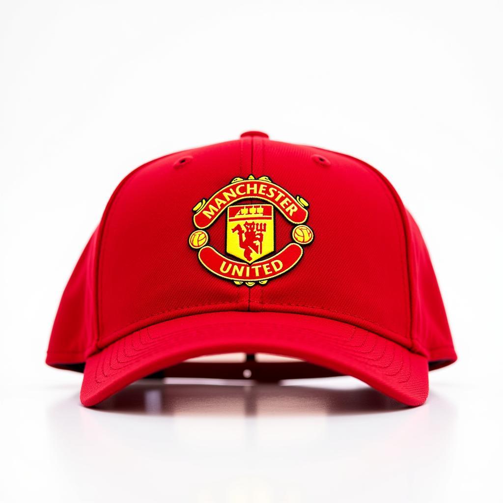 Mũ lưỡi trai Manchester United màu đỏ với logo Quỷ Đỏ nổi bật, được chụp cận cảnh với nền trắng.