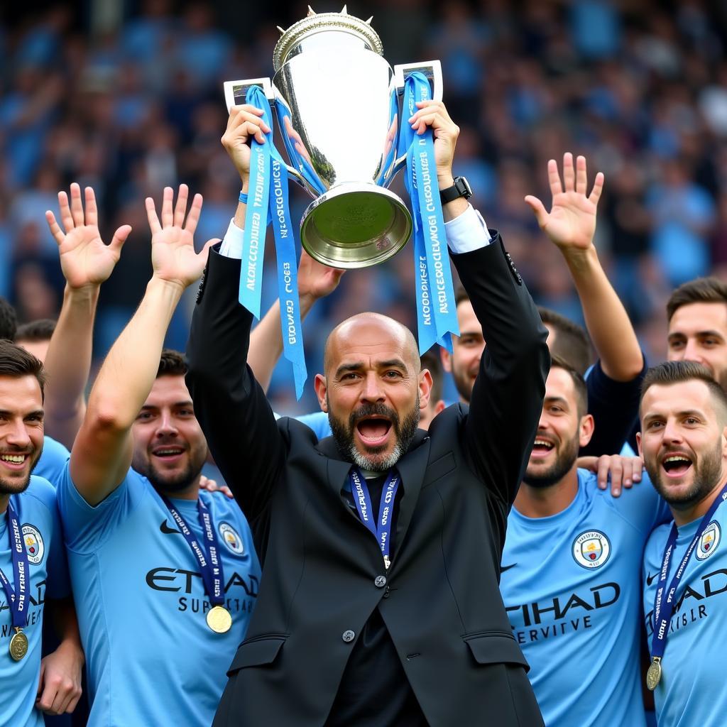 pep guardiola nâng cúp vô địch cùng các cầu thủ manchester city