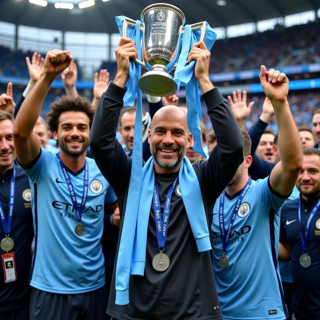 pep guardiola ăn mừng chức vô địch premier league cùng manchester city