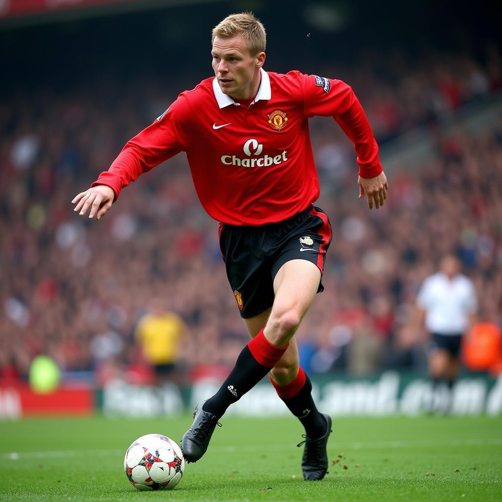 Paul Scholes, huyền thoại số 8 của Manchester United, với những đường chuyền sắc lẹm và khả năng kiểm soát bóng tuyệt vời.