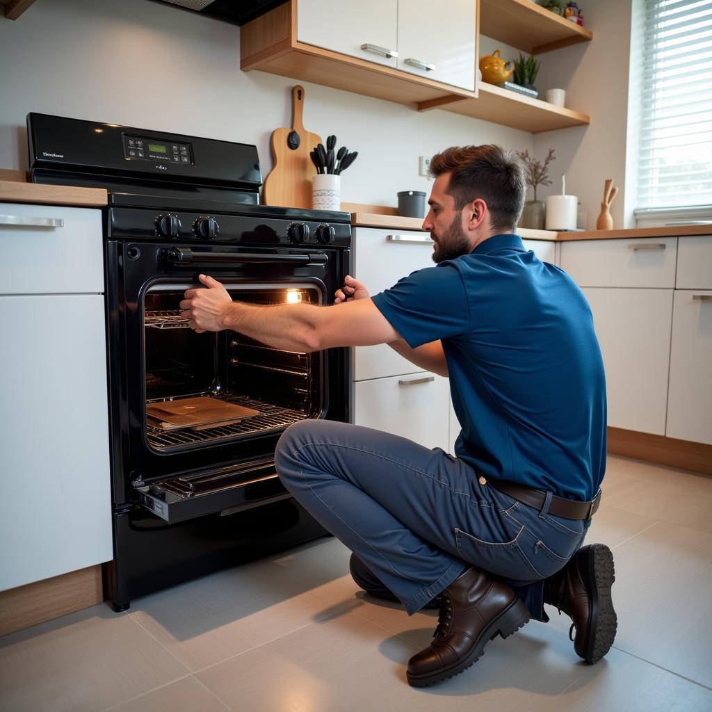 Electric Oven Replacement Manchester: A new oven being installed in a kitchen.