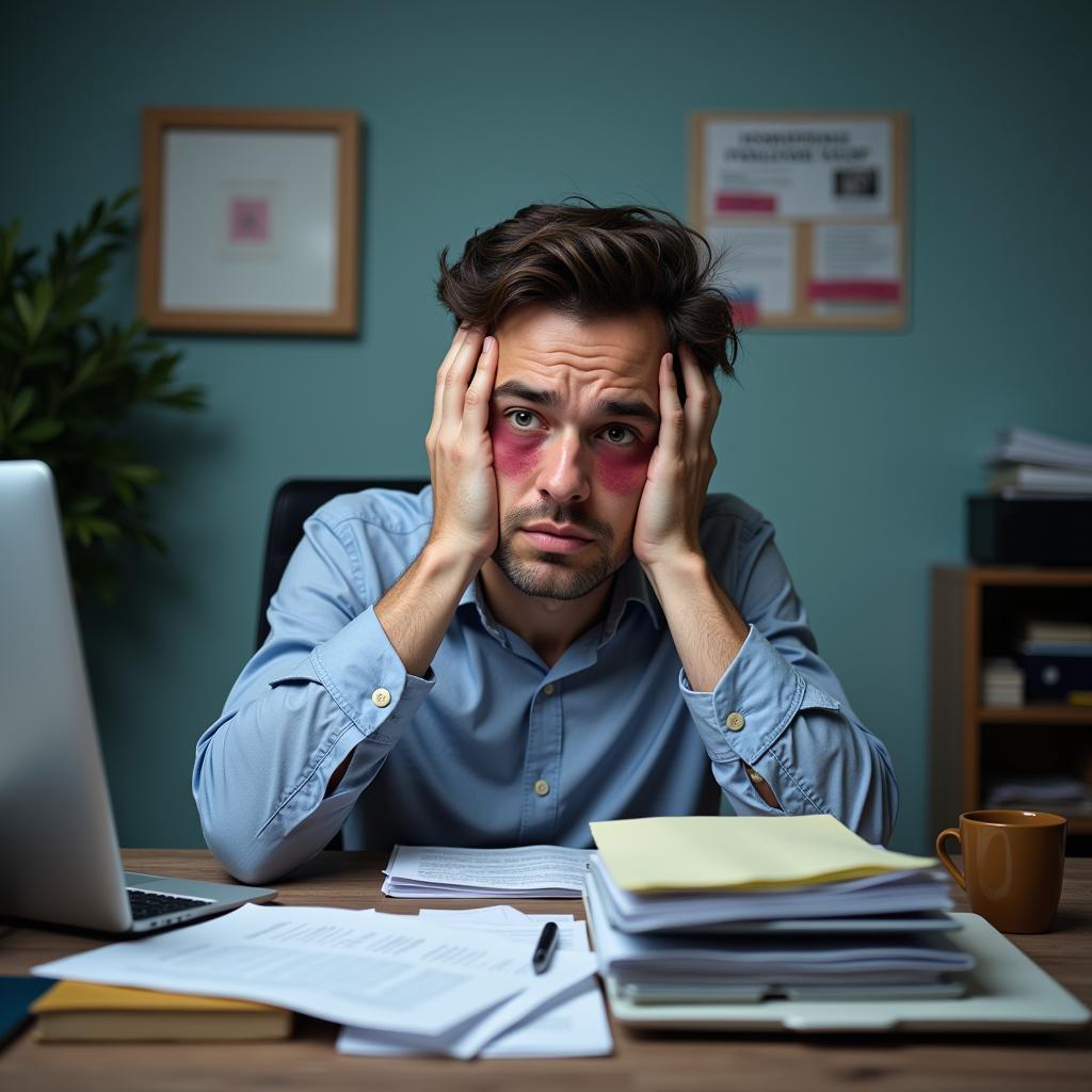 Thiếu ngủ và stress gây bóng đè. Hình ảnh minh họa người đang bị stress vì công việc và thiếu ngủ.